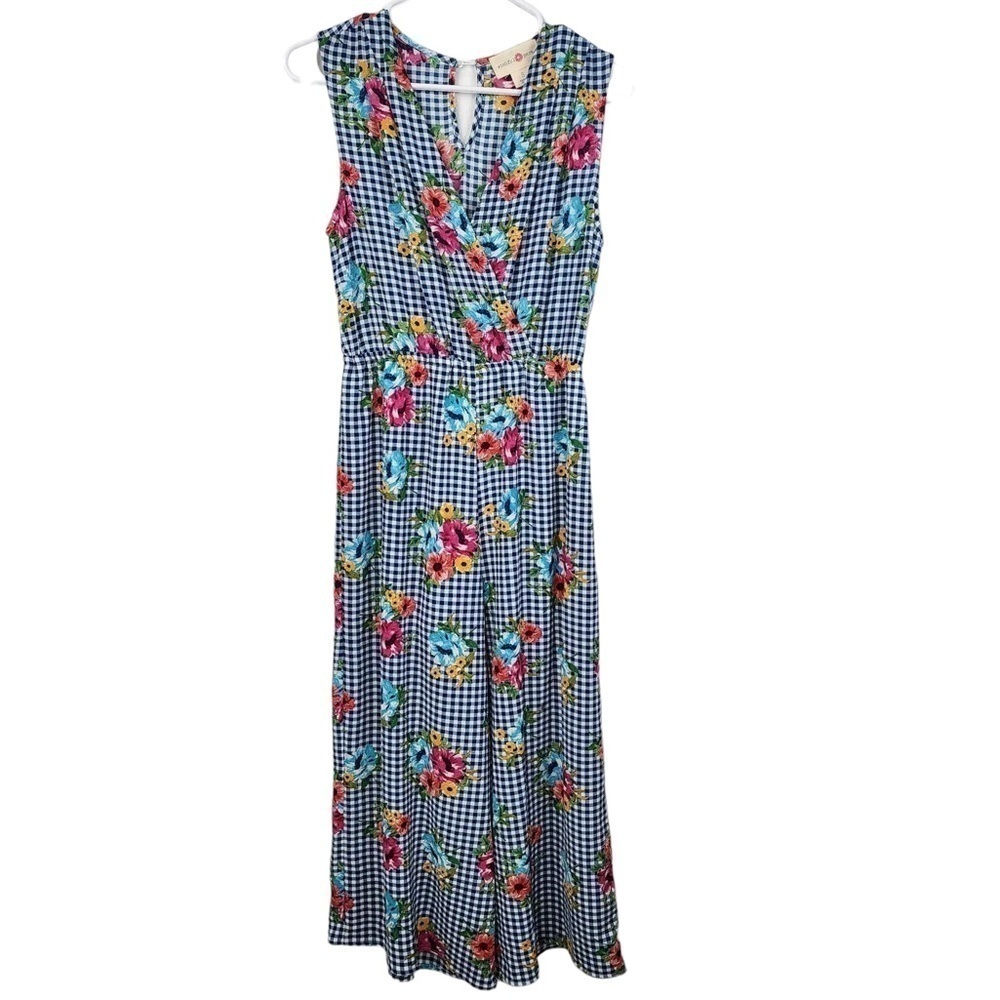 Wishful Park Royal blue and white checkered romper with bright floral colors